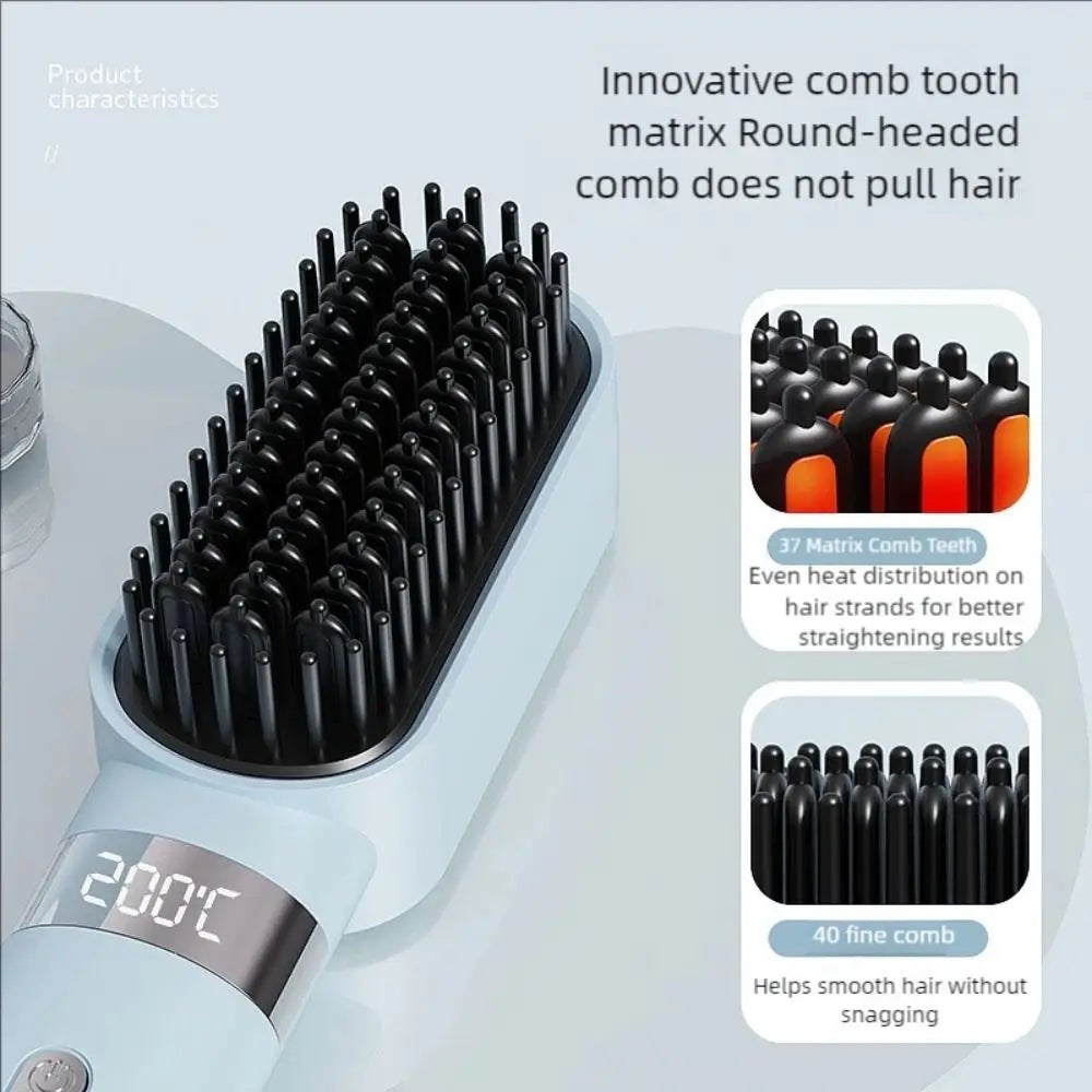 New Wireless Hair Straightener 140-200C° Type-C Straight Hair Comb 3 Temp Settings LCD Display Straightening Comb
