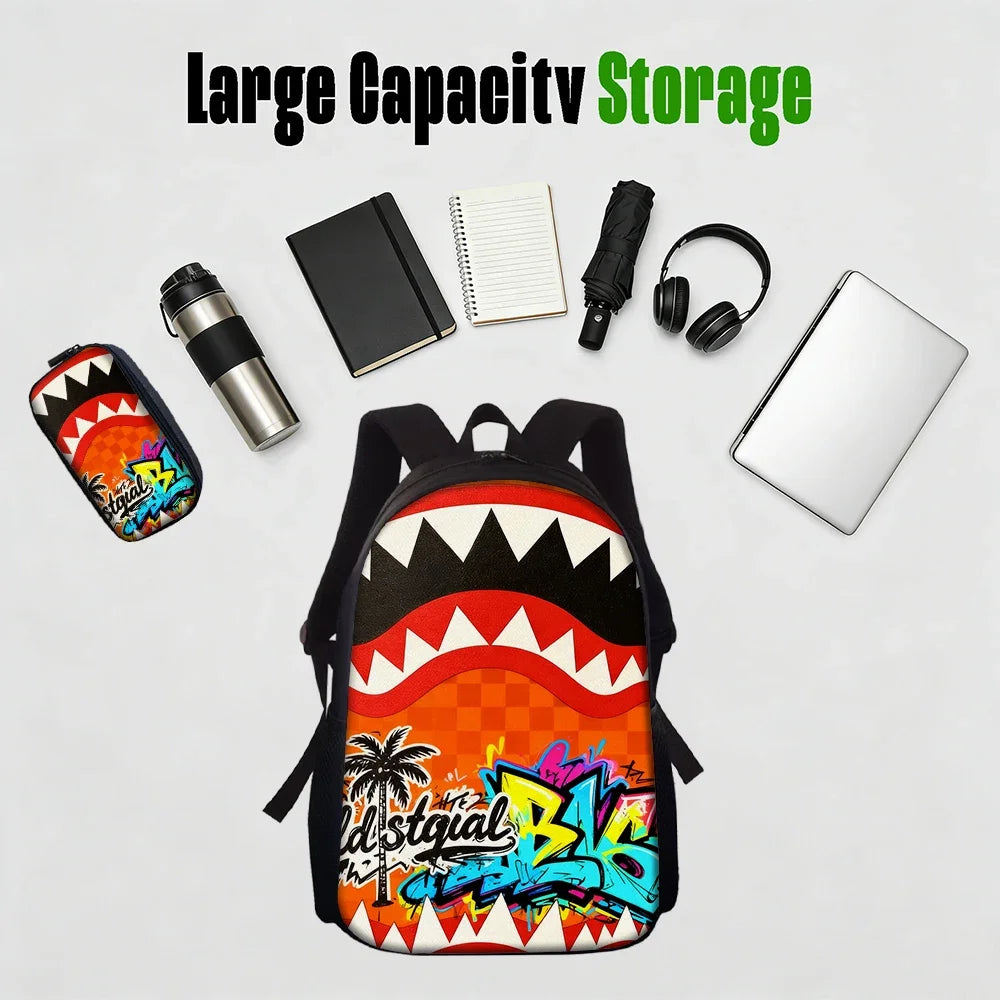 Trendy Shark Graphic Backpack Set For School And Daily Adventures