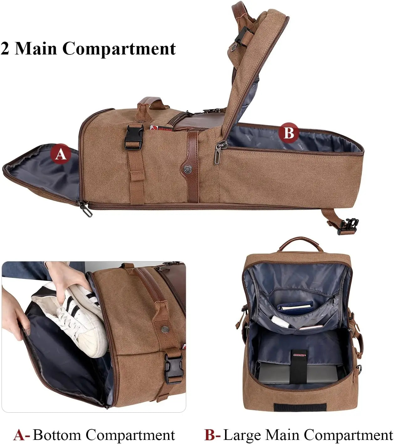 Travel Canvas Backpack Carry On Luggage With Shoe Compartment