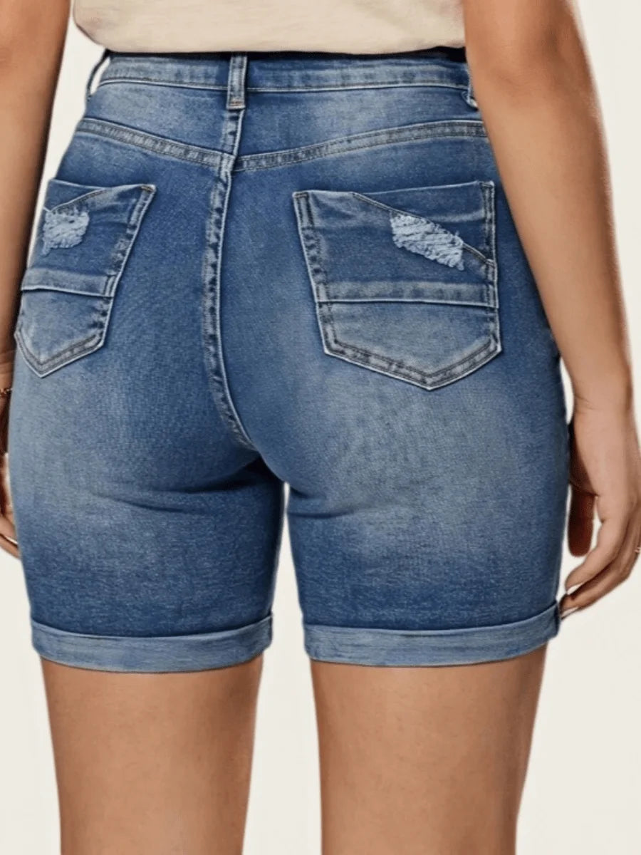 Womens Denim Bermuda Shorts With Button Fly And Pockets