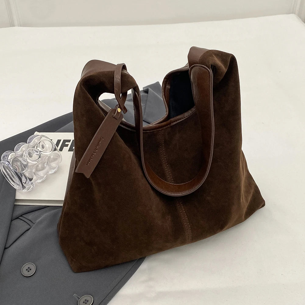 Women Suede Tote Bag With Magnetic Closure Slouchy Retro