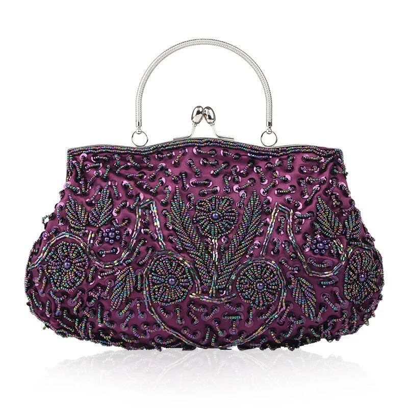 Handmade Beaded Evening Clutch Bag With Kiss Lock And Strap