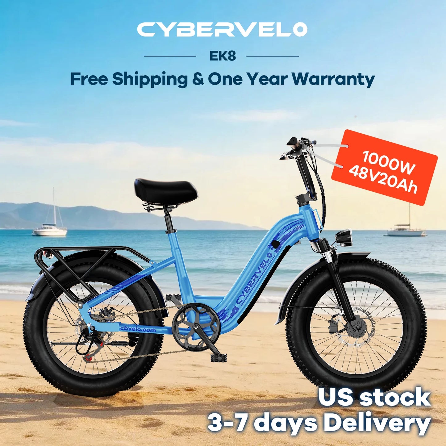 CYBERVELO 1000W Fat Tire Electric Bike EK8 With Removable Battery