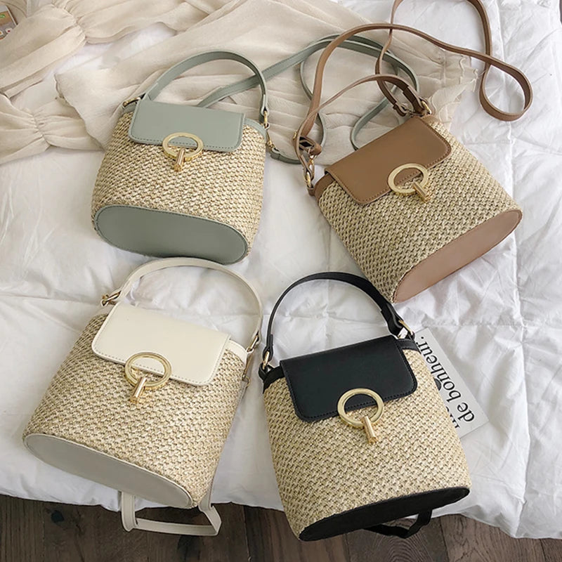 Beach Lady Straw Bucket Bag For Women Travel Purse