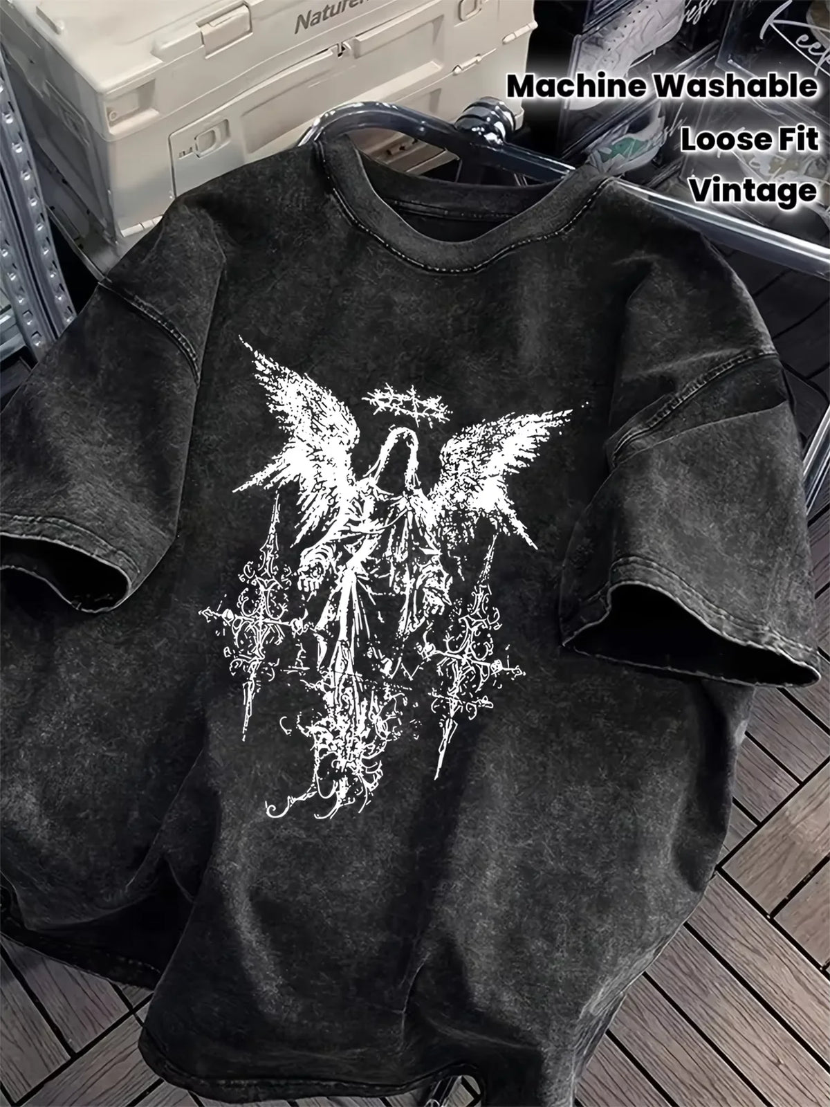 Men's Gothic Heavyweight Cotton T-Shirt With Dark Angel Graphic
