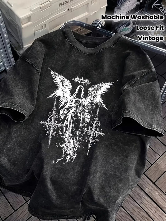 Men's Gothic Heavyweight Cotton T-Shirt With Dark Angel Graphic