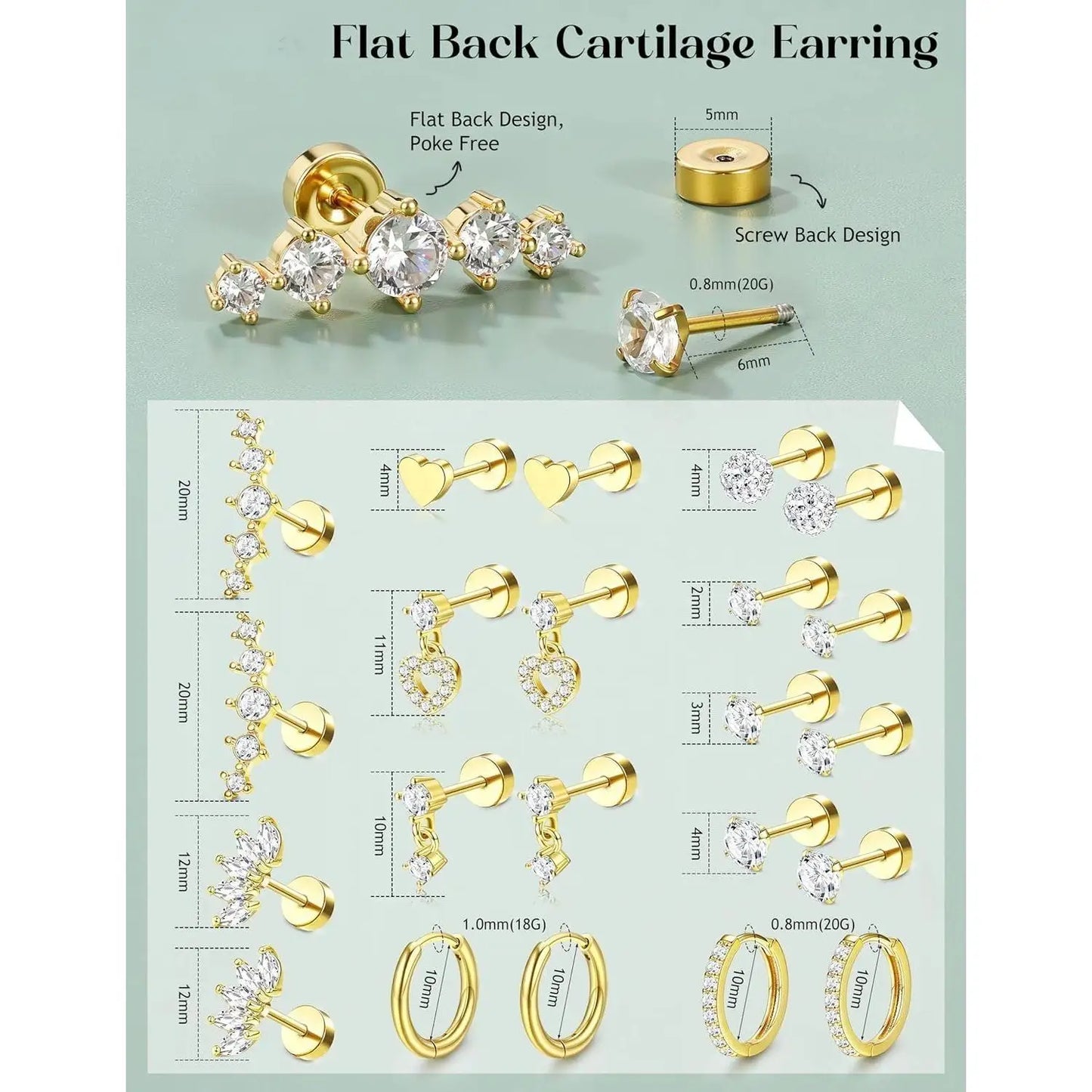 DrPerfect 11 Pairs Flat Back Cartilage Earrings Set Stainless Steel