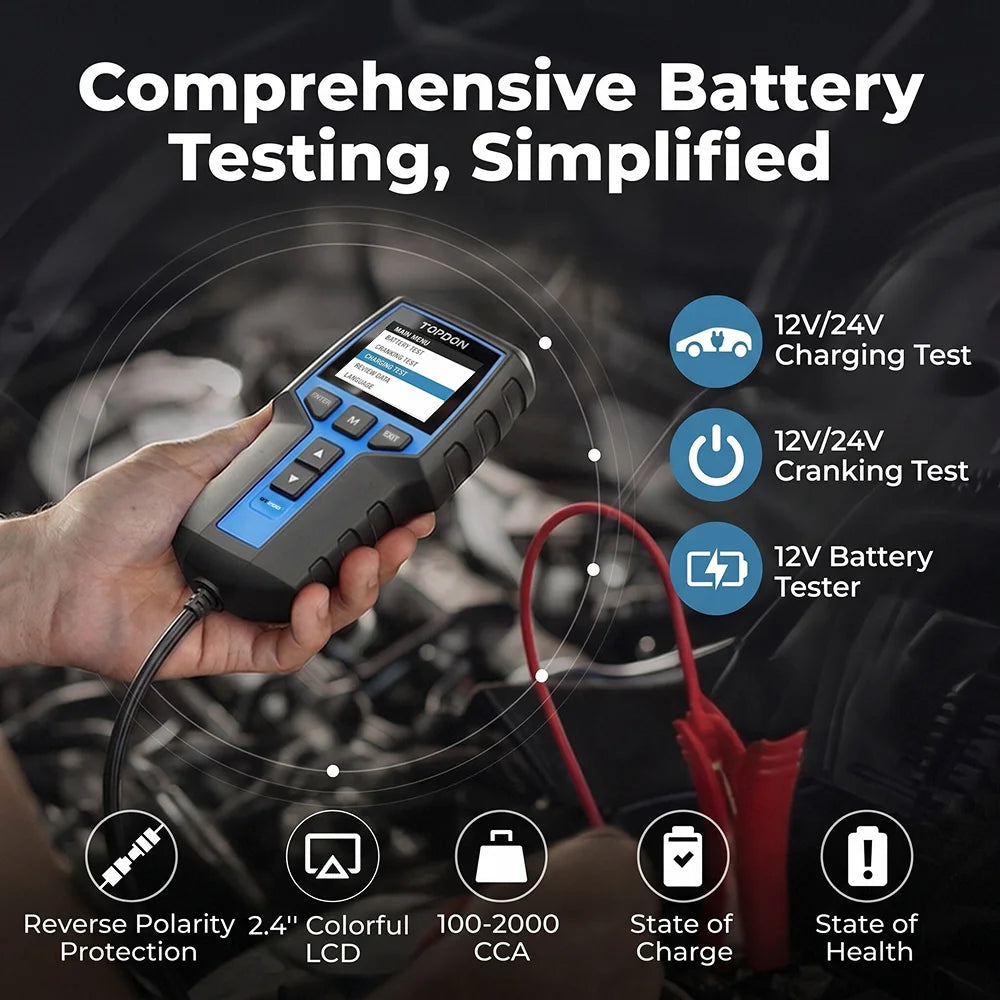 TOPDON BT100/BT200 Battery Tester for 12V/24V Cars and Diagnostics