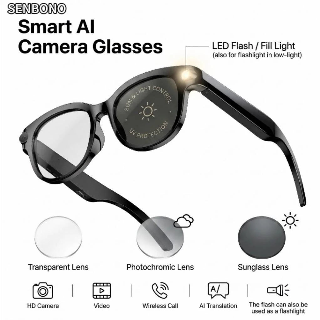 SENBONO AI Smart Glasses With 2MP 5MP 8MP Cameras 4K