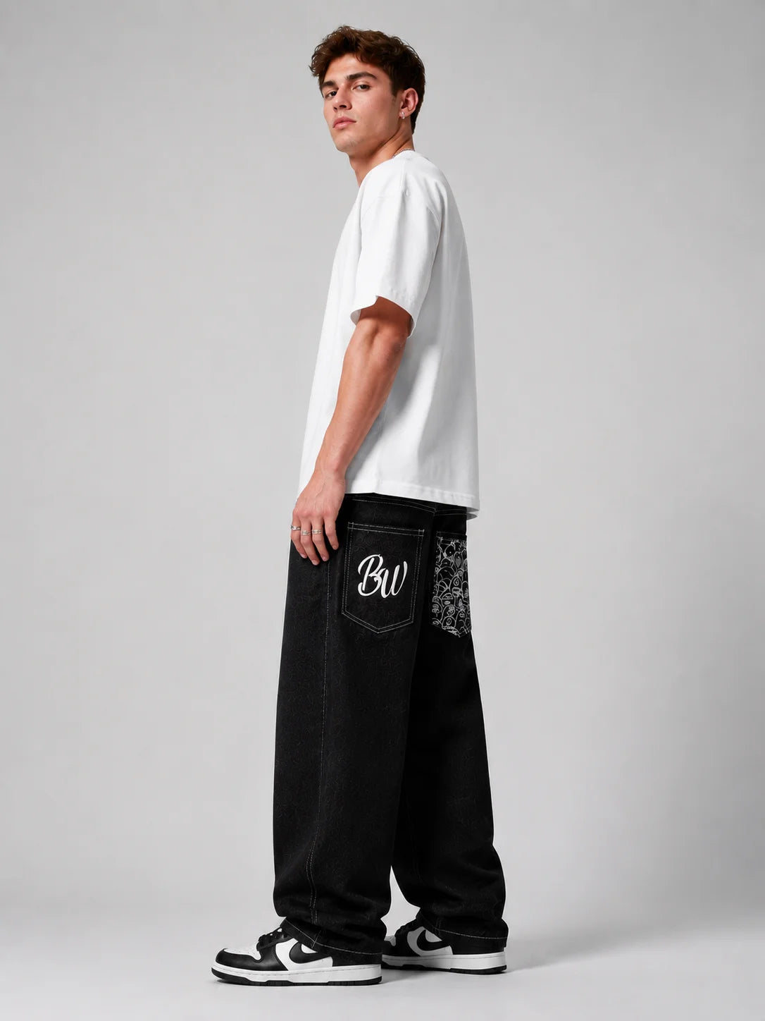 UPTHE Men's Baggy Wide Leg Graphic Print Streetwear Jeans