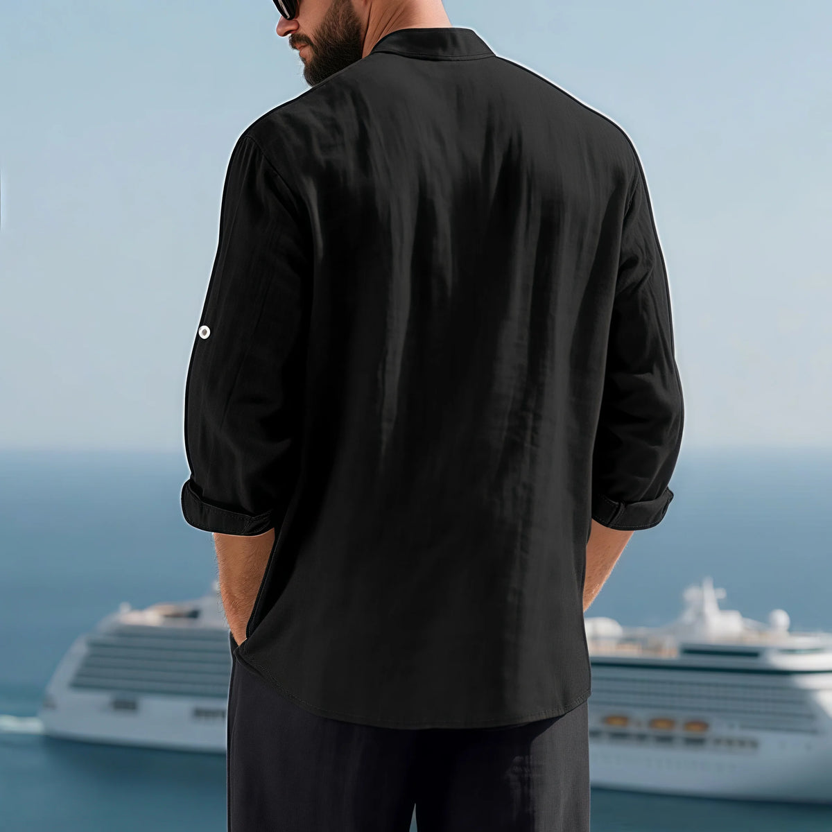 Mens Linen Button Down Shirt With Mandarin Collar Cuffs