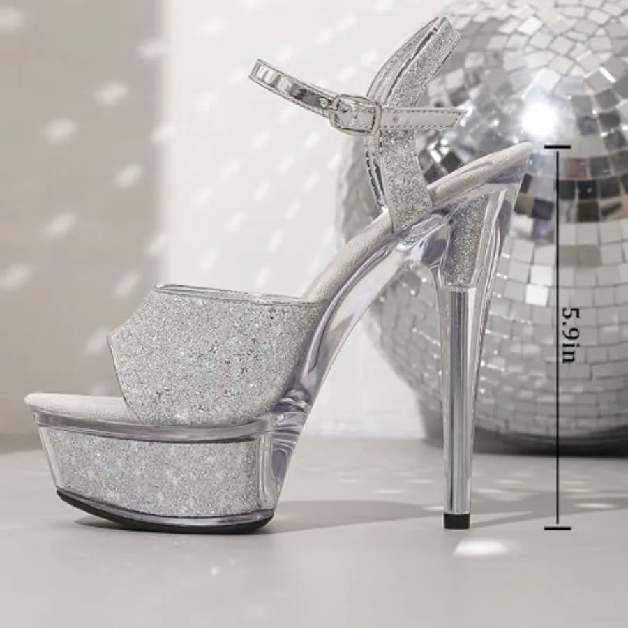 Women's Sparkling Platform Stiletto Sandals With Cross Ankle Buckle