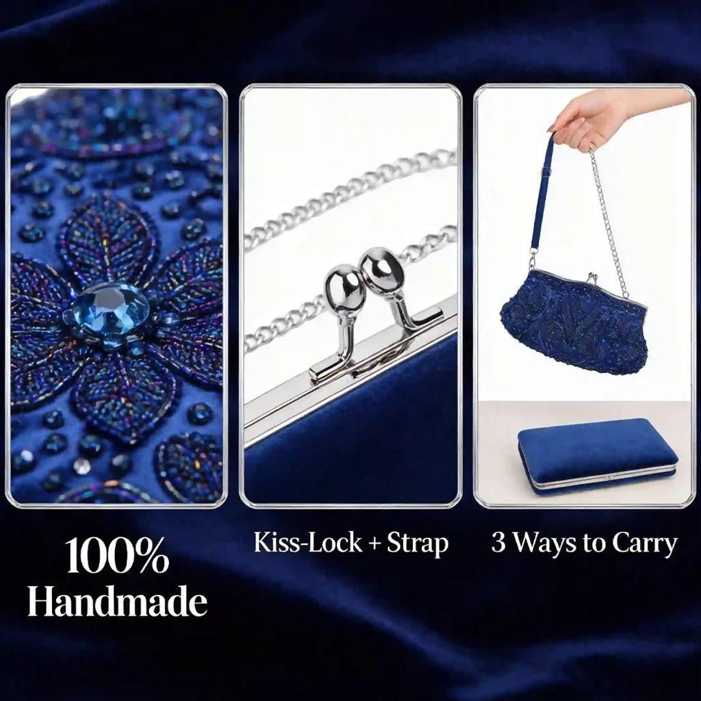 Handmade Beaded Evening Clutch Bag With Kiss Lock And Strap