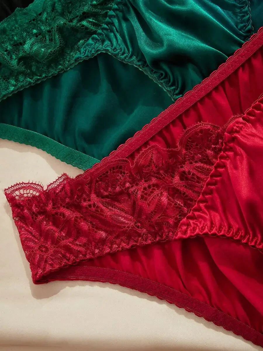 Satin Lace Womens Panties Set 3 Piece Solid Color French Style Briefs