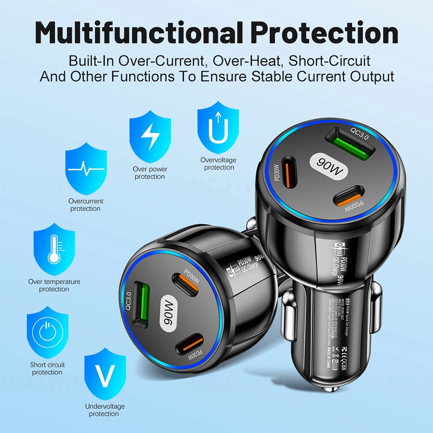 USB Type-C Car Charger 3-Port PD Fast Charge For iPhone
