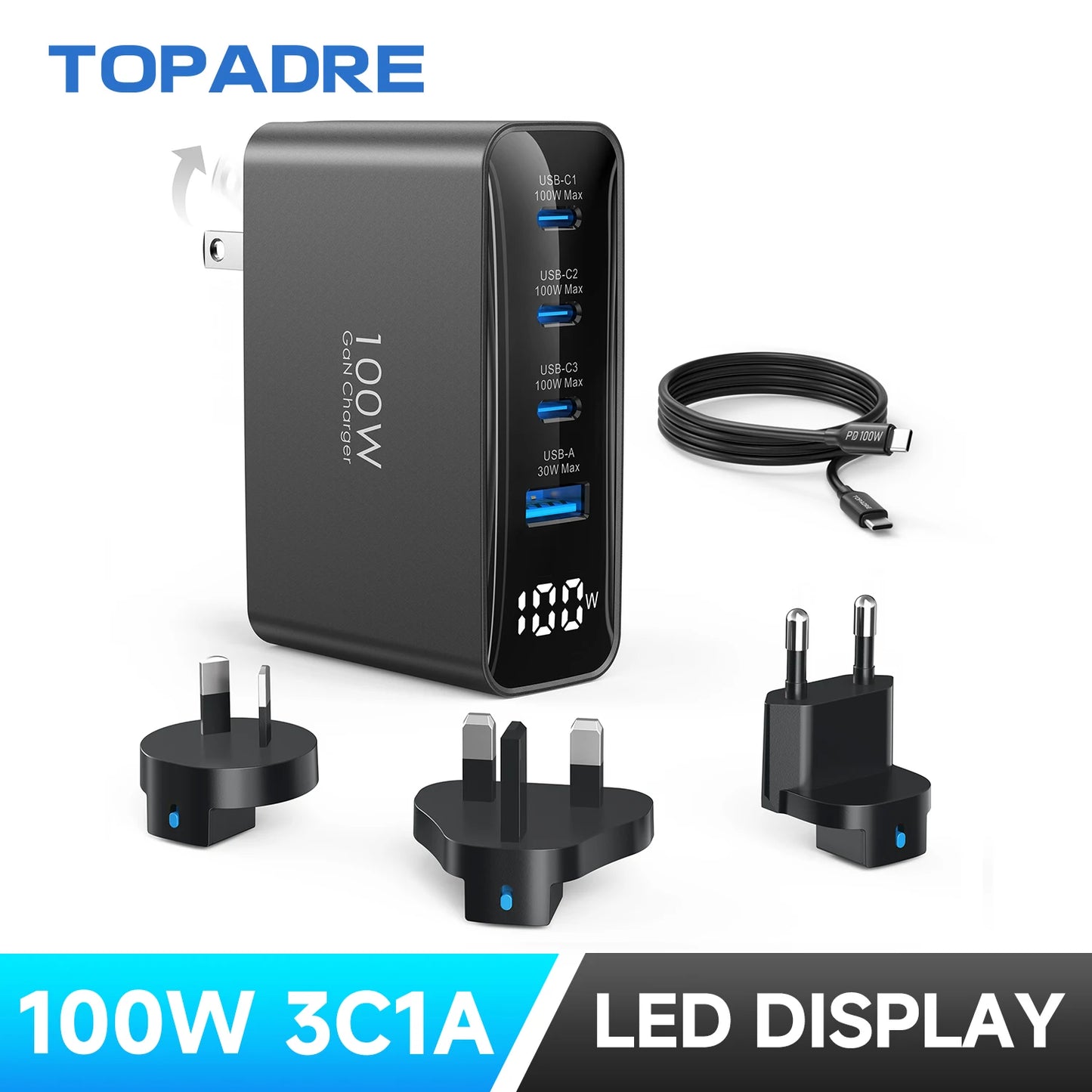 100W USB C Travel Charger With 4 Ports Foldable UK EU AU Plugs