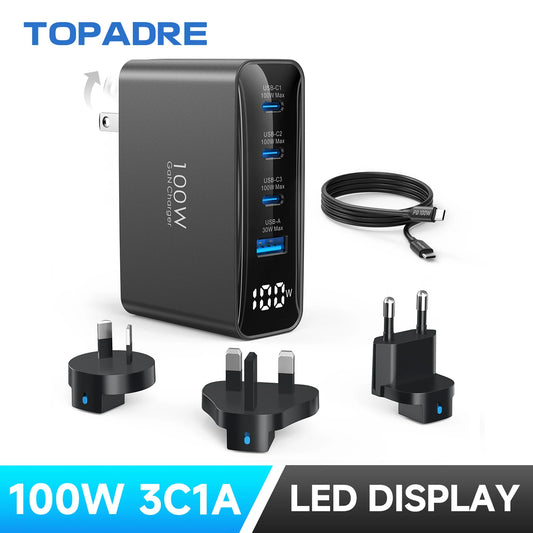 100W USB C Travel Charger With 4 Ports Foldable UK EU AU Plugs