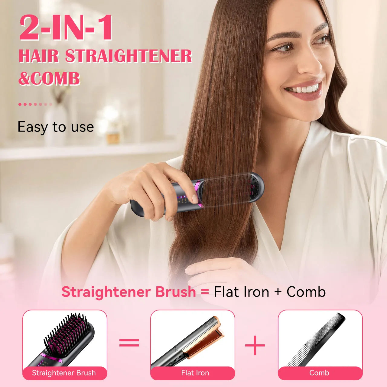 Hatteker Wireless Rechargeable Hair Straightening Comb With Three Heat Levels