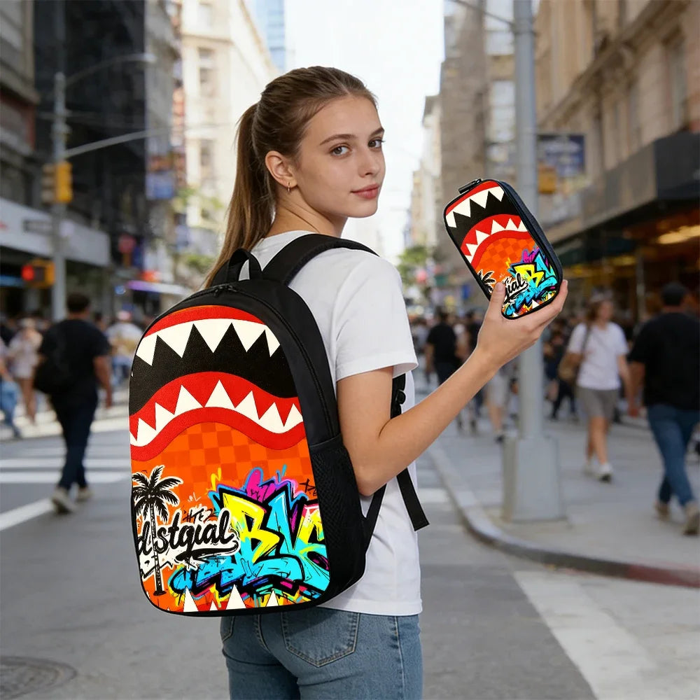 Trendy Shark Graphic Backpack Set For School And Daily Adventures