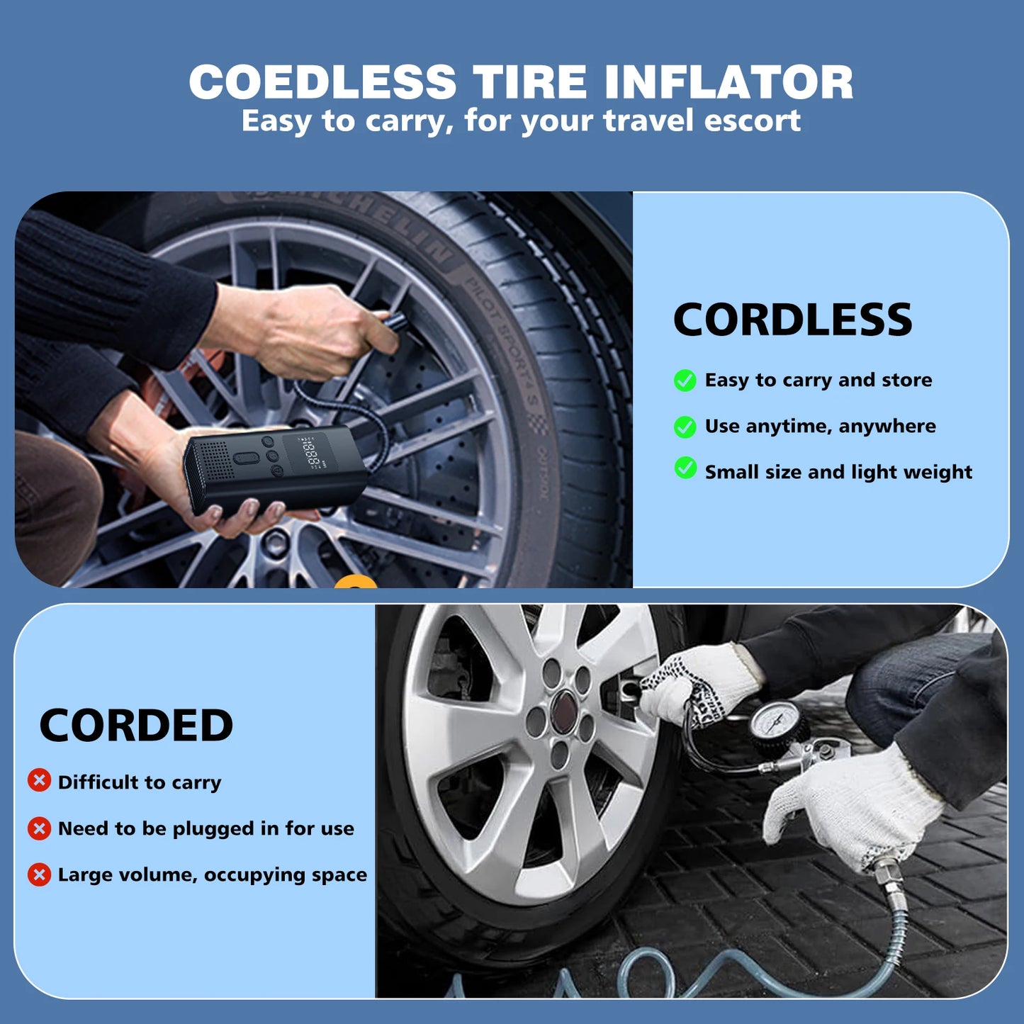 CHPOWKIT Portable Cordless Tire Inflator 150PSI Car Bicycle Pump