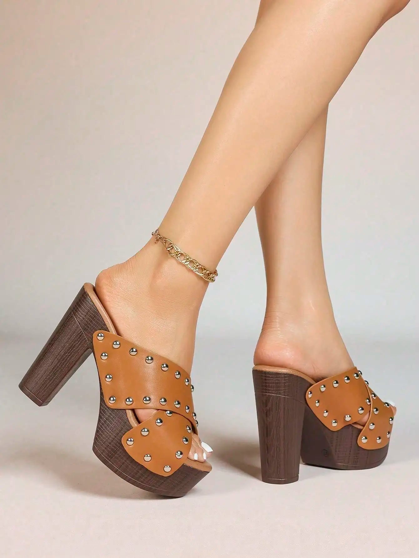 Womens Platform Sandals With Chunky Heels Leather Peep Toe Mules