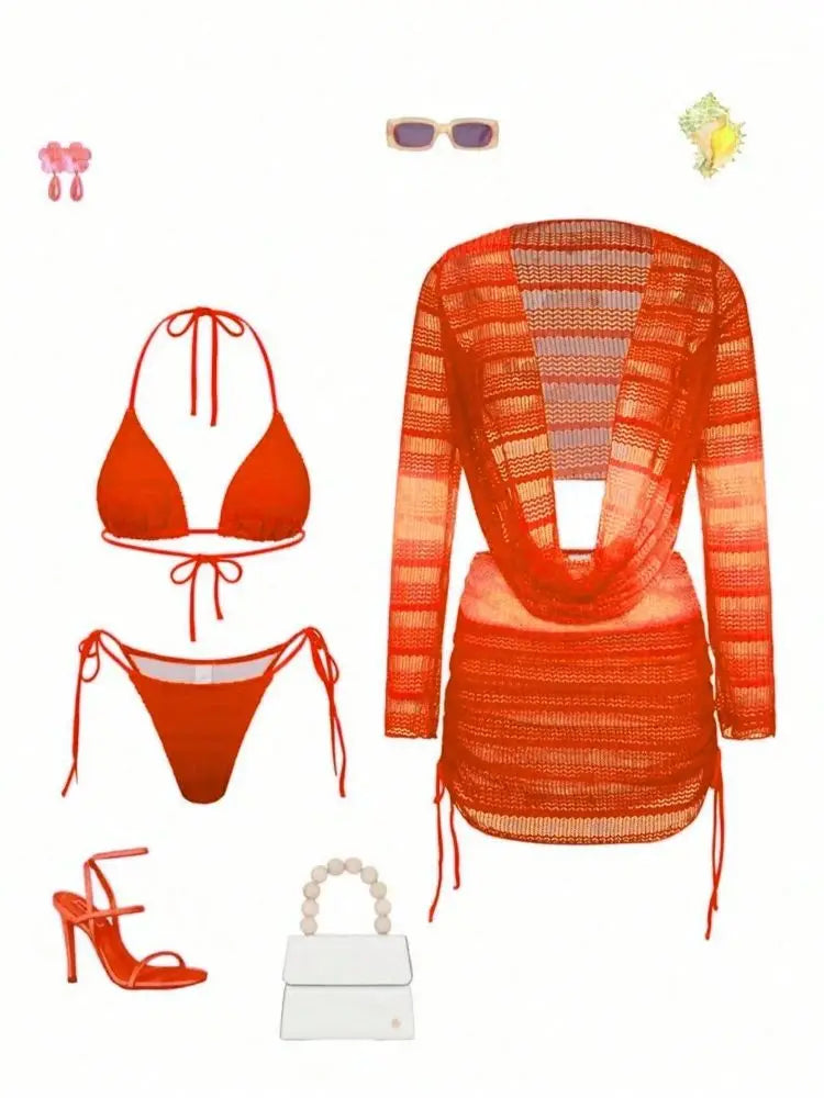 Striped Mesh Knit 3 Piece Swimsuit Coverup Set Draped Top