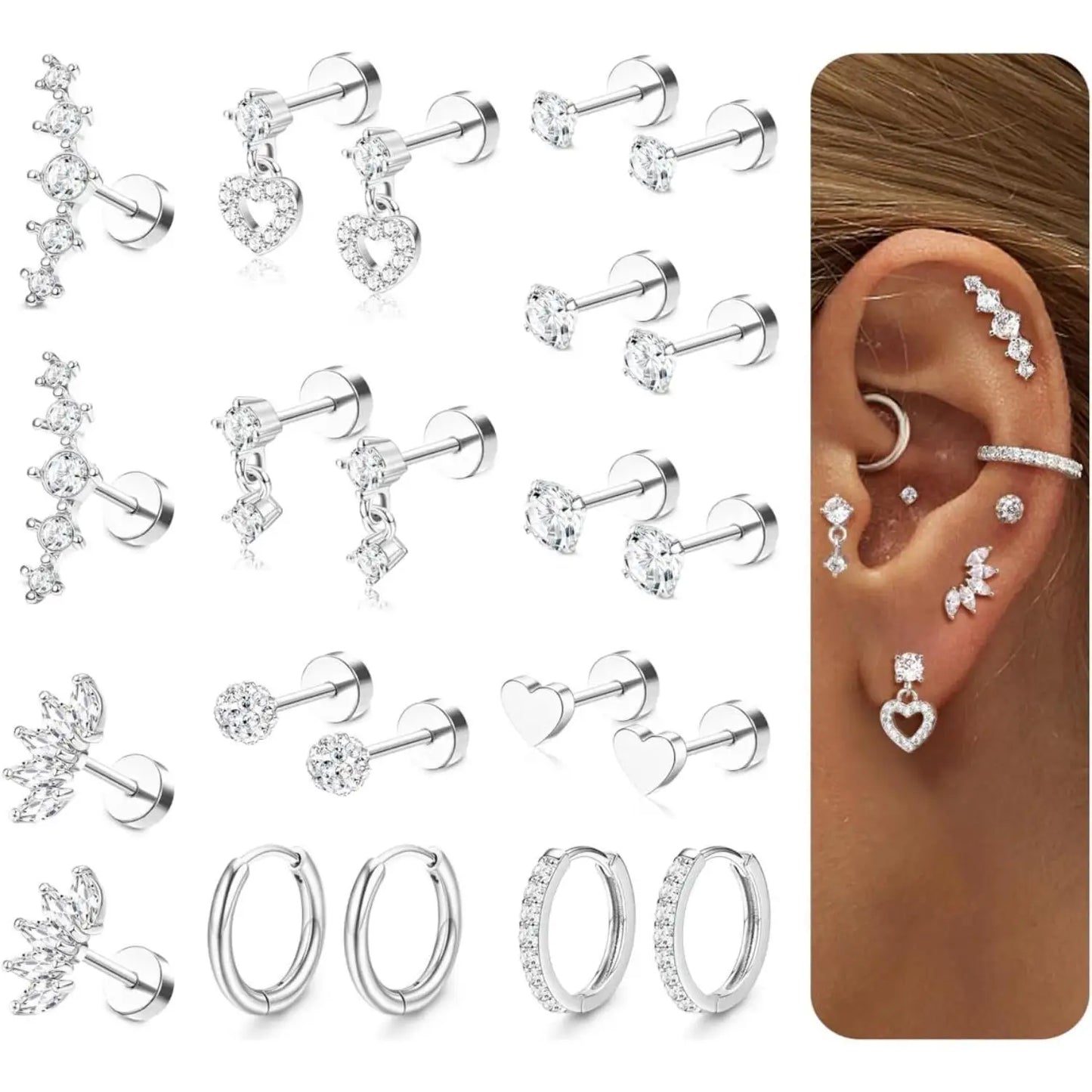 DrPerfect 11 Pairs Flat Back Cartilage Earrings Set Stainless Steel