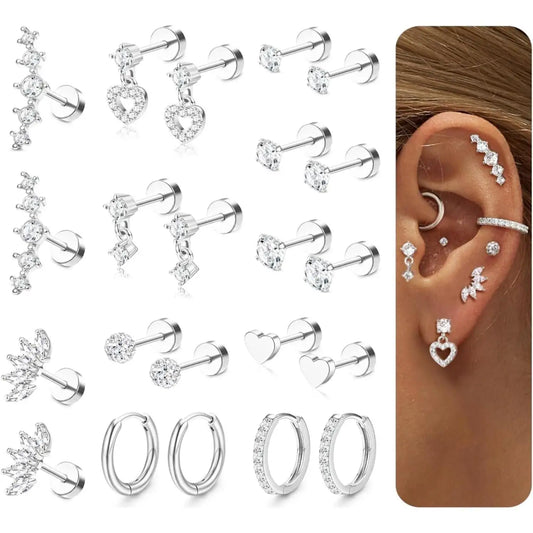 DrPerfect 11 Pairs Flat Back Cartilage Earrings Set Stainless Steel