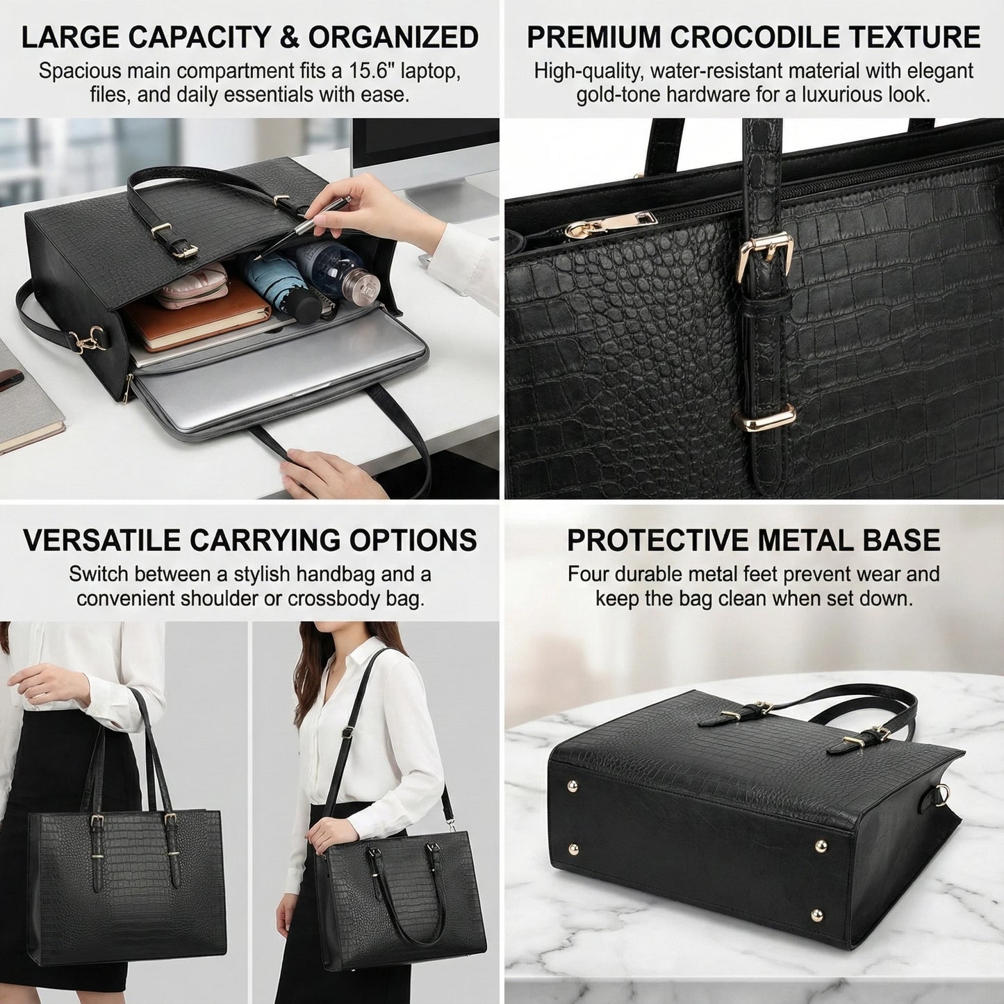 PU Laptop Tote Bag Large Capacity With Zipper And Detachable Strap