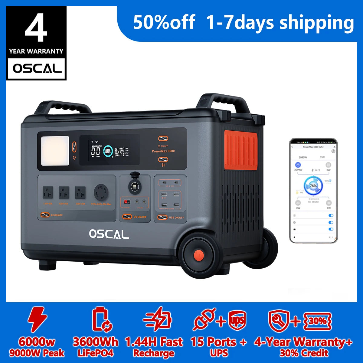 OSCAL PowerMax 6000W Whole Home Solar Generator 3600Wh LiFePO4
