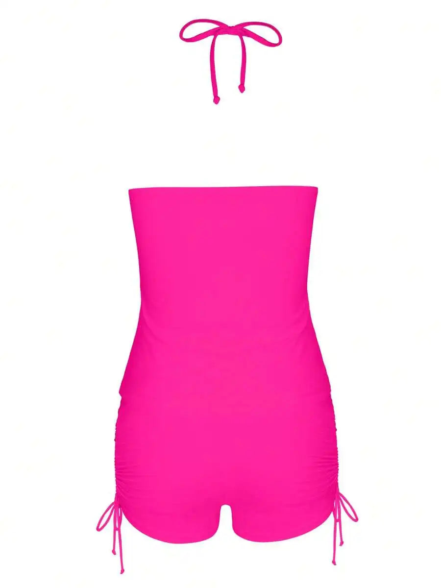 Womens Halter Neck Tankini Set With Drawstring Shorts Modest Swimsuit