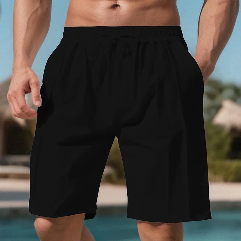 Men Quick Dry Linen Beach Shorts With Drawstring Waist Pockets