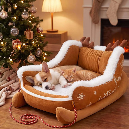 Christmas Dog Bed Sleigh Santa Themed Plush Pet Sofa Washable
