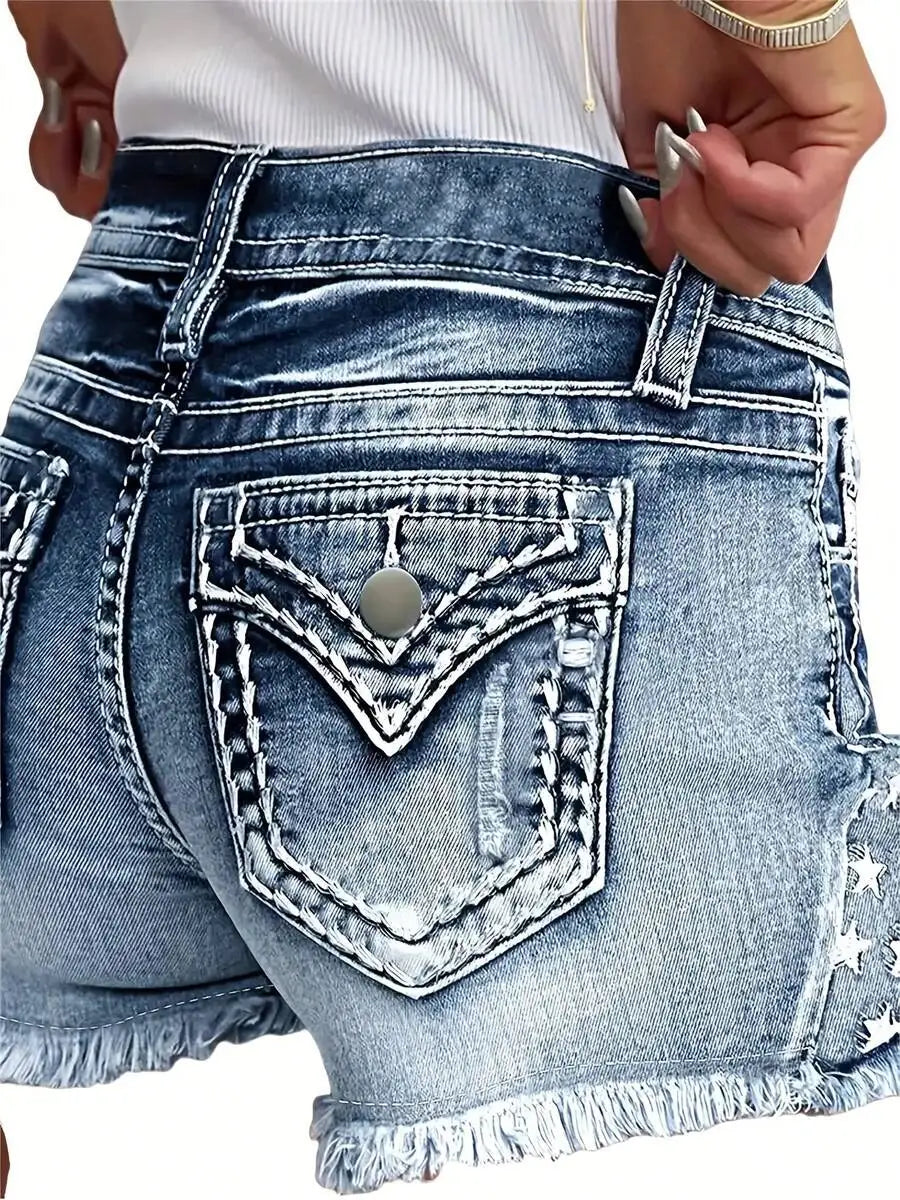 Womens Ripped Denim Shorts With Star Embroidery Stretch Casual Summer