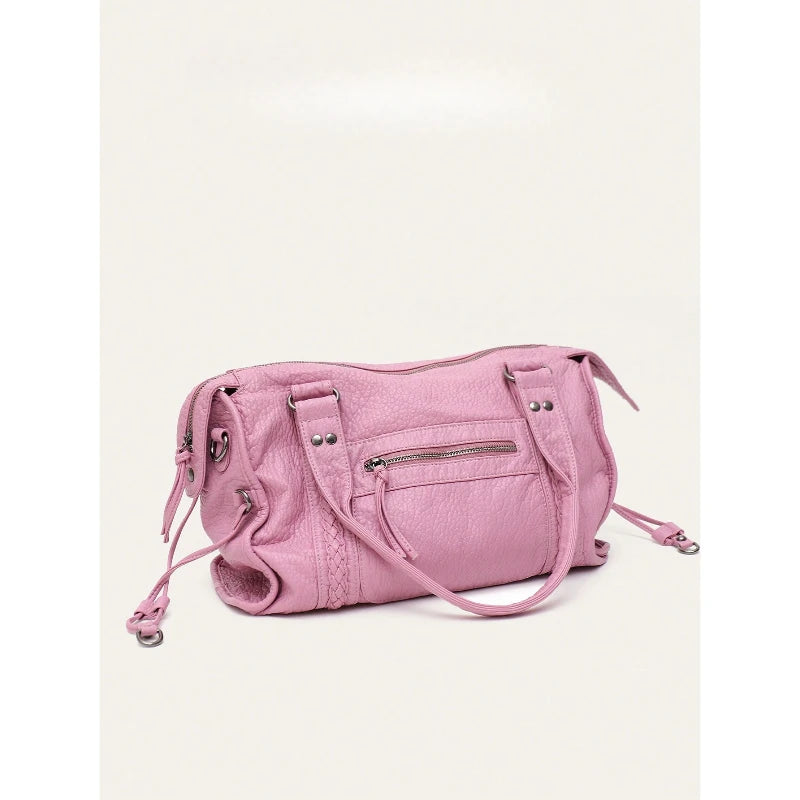 Women Casual Pu Leather Tote Bag With Zipper Pockets Braid Decor