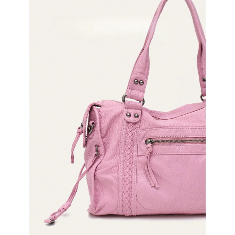 Women Casual Pu Leather Tote Bag With Zipper Pockets Braid Decor