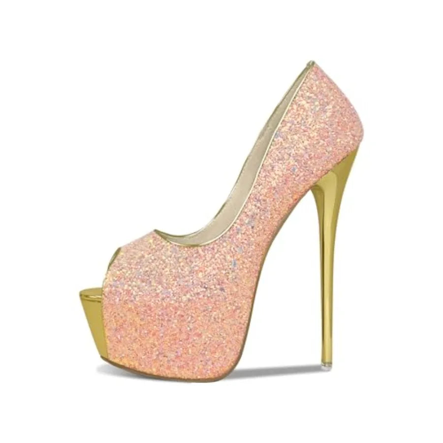 Women's Glitter Peep Toe Platform Stiletto Pumps For Evening Wear