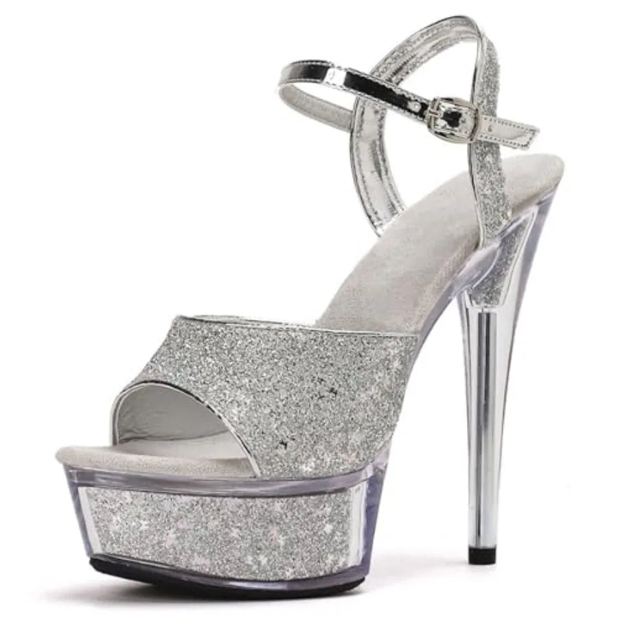 Women's Sparkling Platform Stiletto Sandals With Cross Ankle Buckle