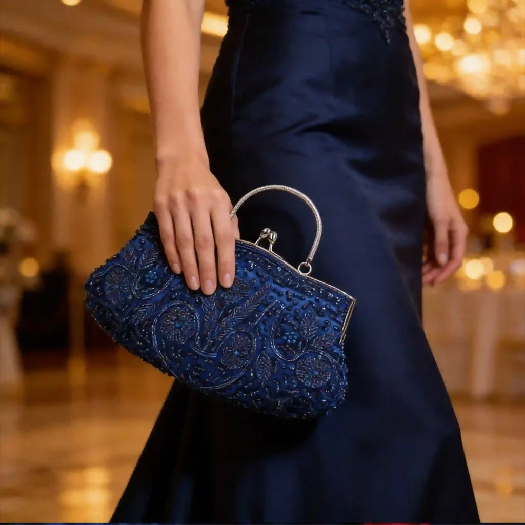 Handmade Beaded Evening Clutch Bag With Kiss Lock And Strap