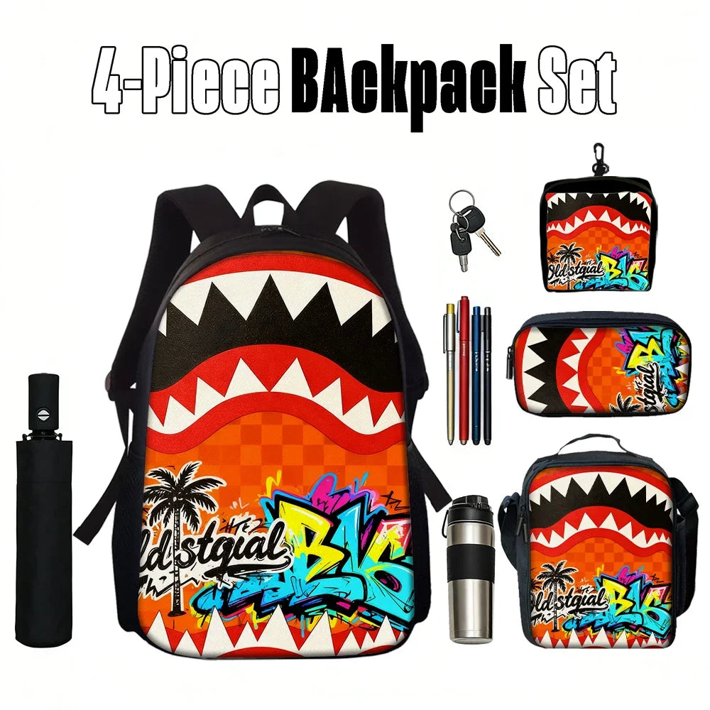 Trendy Shark Graphic Backpack Set For School And Daily Adventures