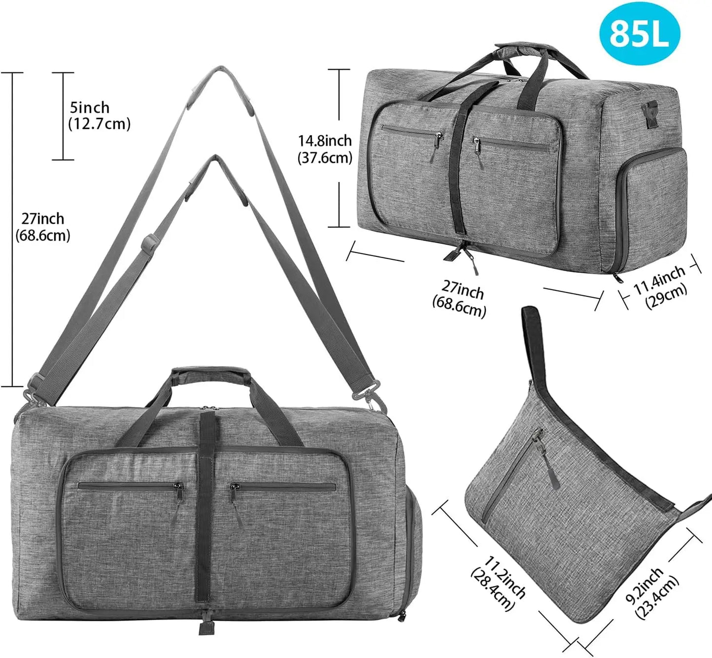 Foldable Travel Duffle Bag With Shoe Compartment Water Resistant
