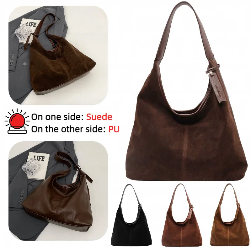 Women Suede Tote Bag With Magnetic Closure Slouchy Retro