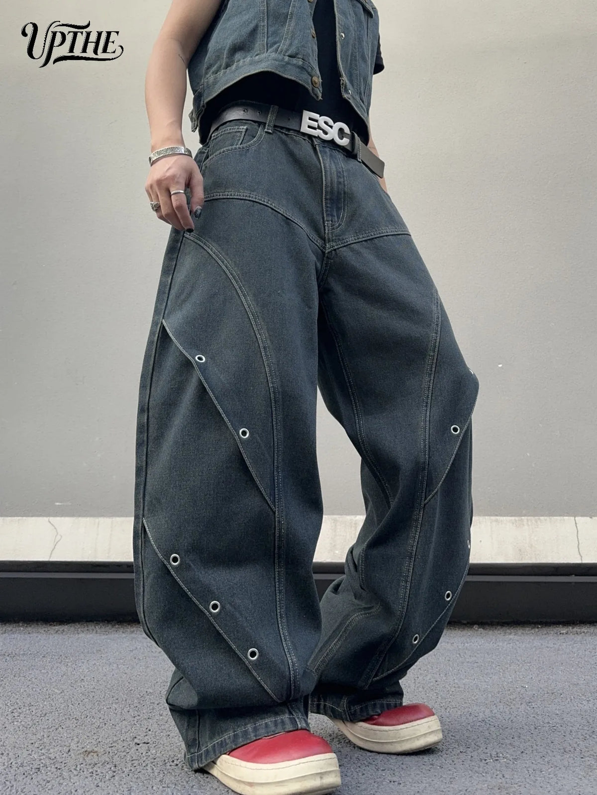 UPTHE Men's Baggy Wide Leg Denim Jeans With Spliced Details