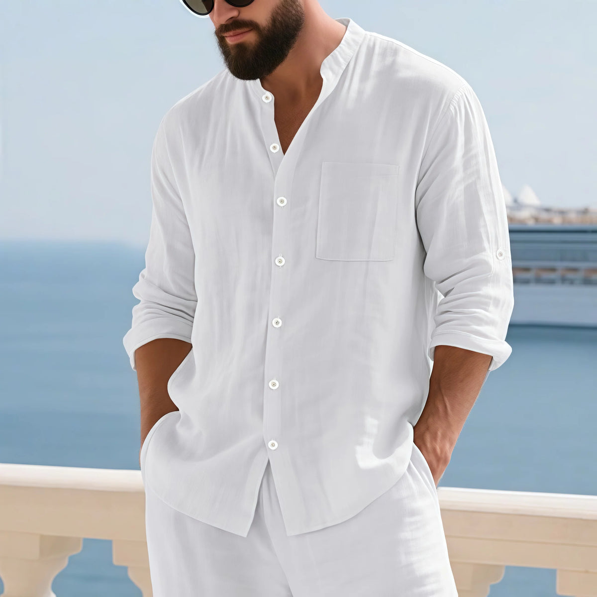 Mens Linen Button Down Shirt With Mandarin Collar Cuffs