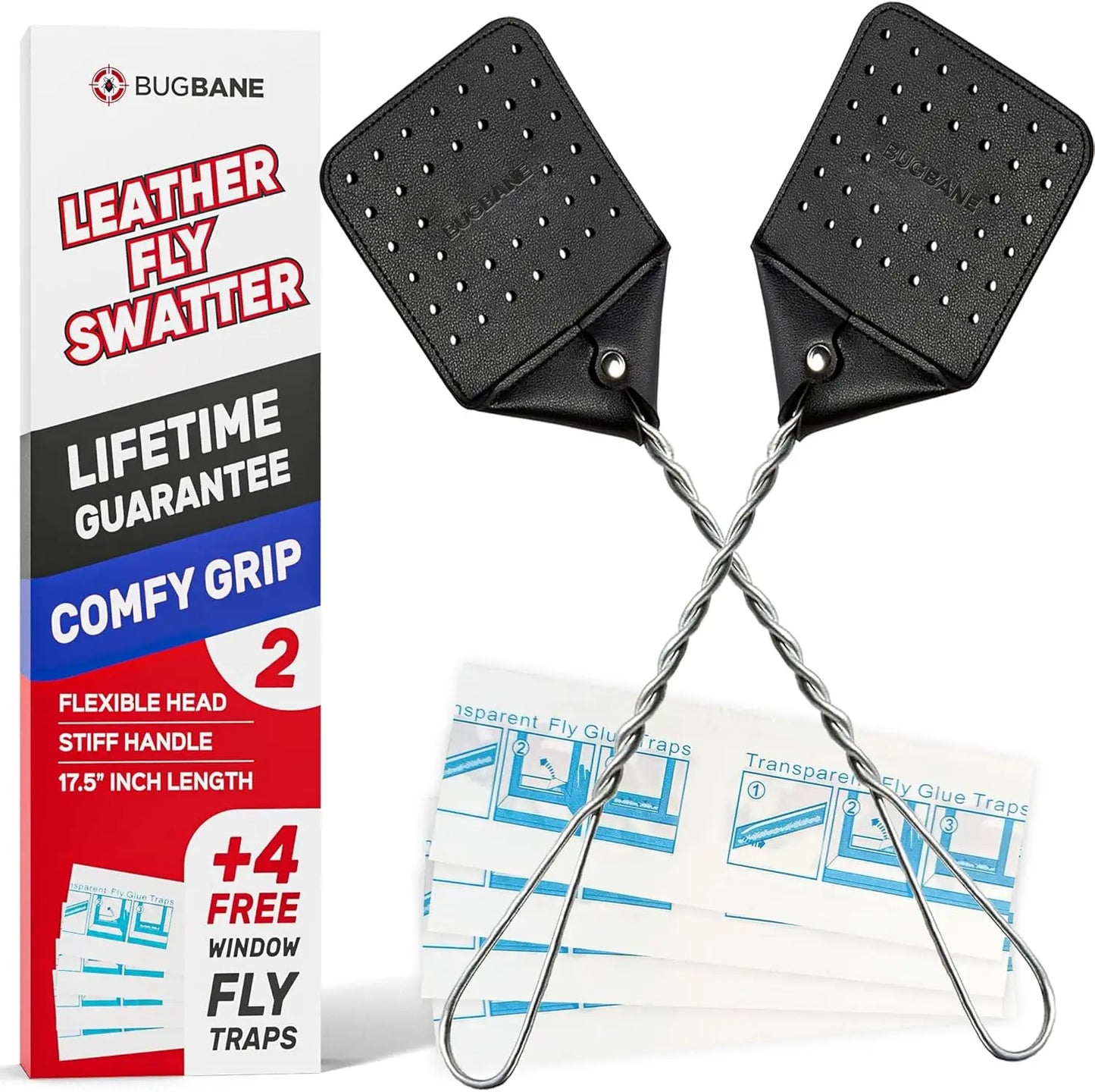 Leather Fly Swatters Heavy Duty Long Handled Twin Pack