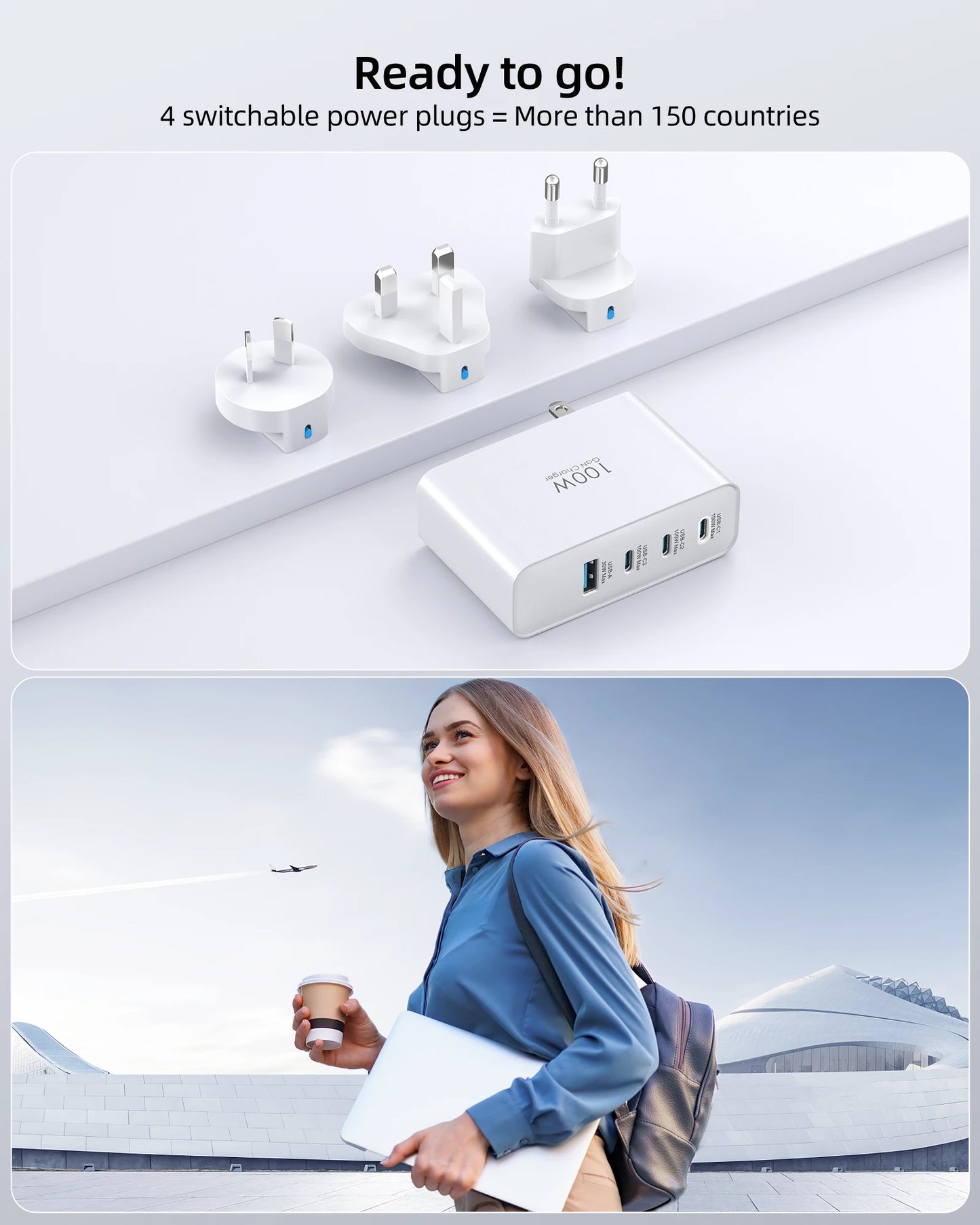 100W USB C Travel Charger With 4 Ports Foldable UK EU AU Plugs