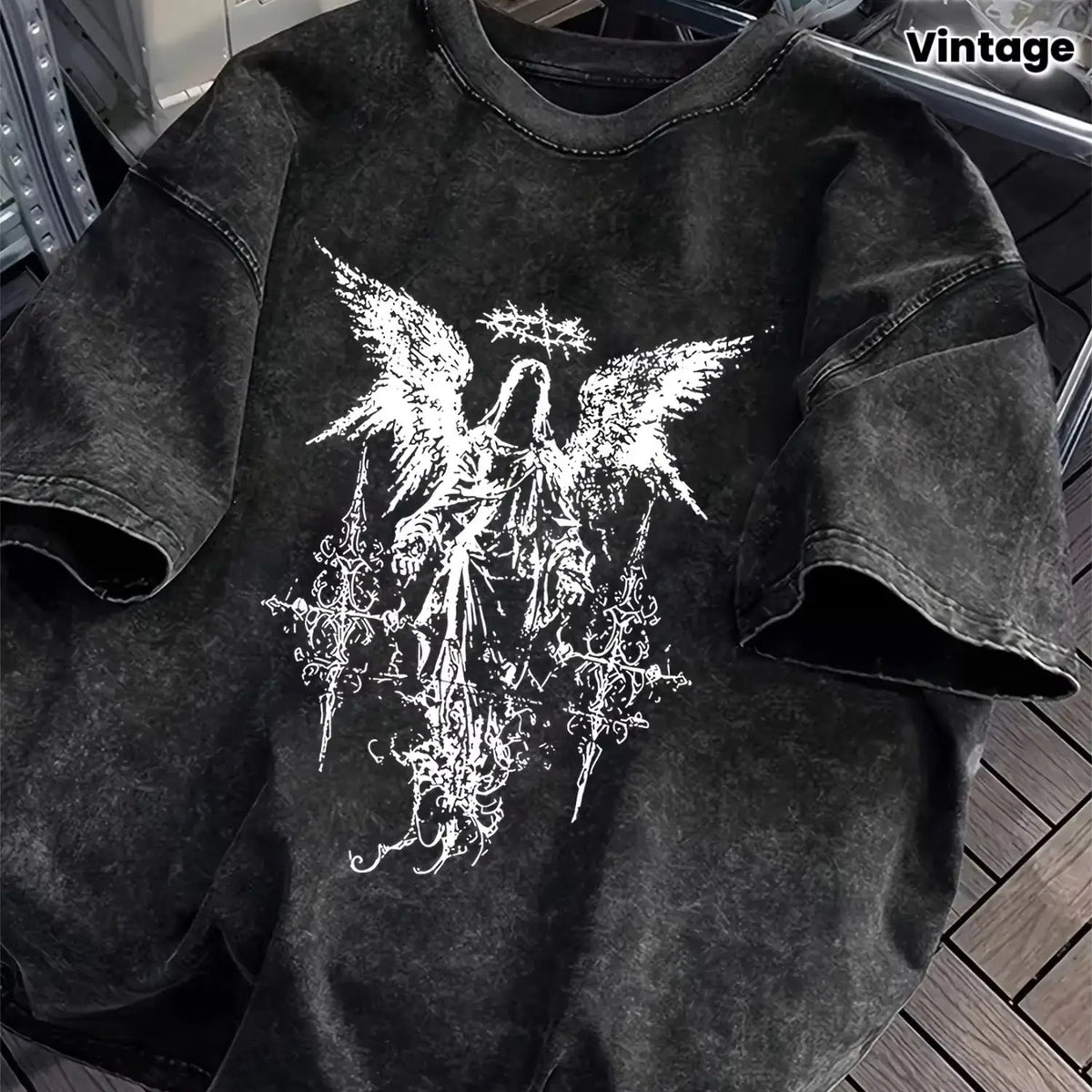 Men's Gothic Heavyweight Cotton T-Shirt With Dark Angel Graphic