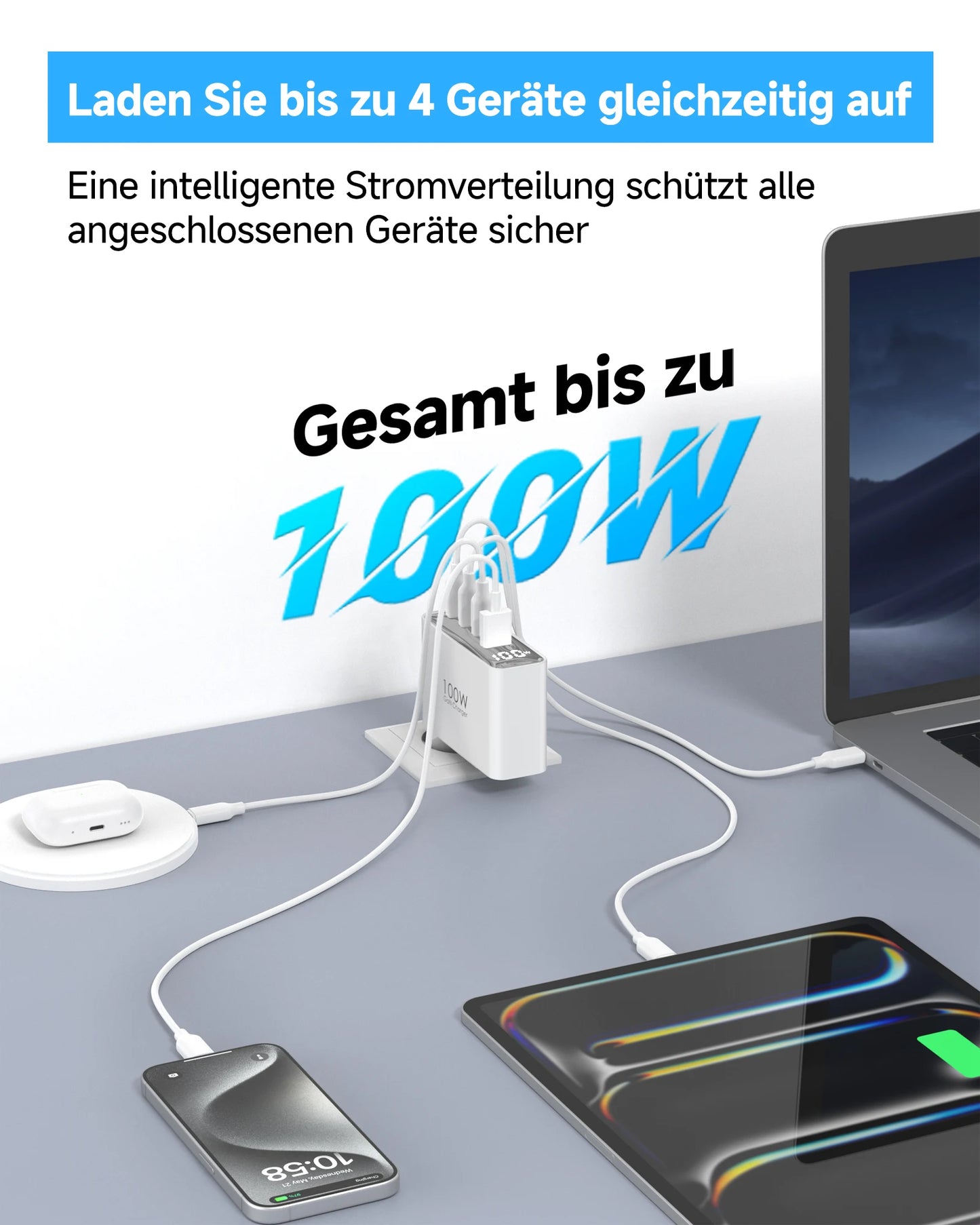 100W USB C Travel Charger With 4 Ports Foldable UK EU AU Plugs