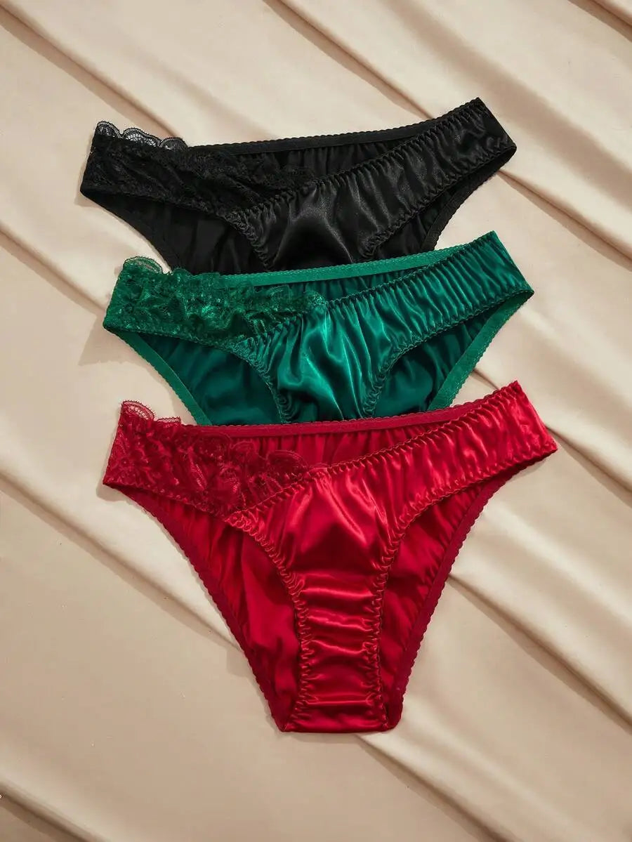 Satin Lace Womens Panties Set 3 Piece Solid Color French Style Briefs