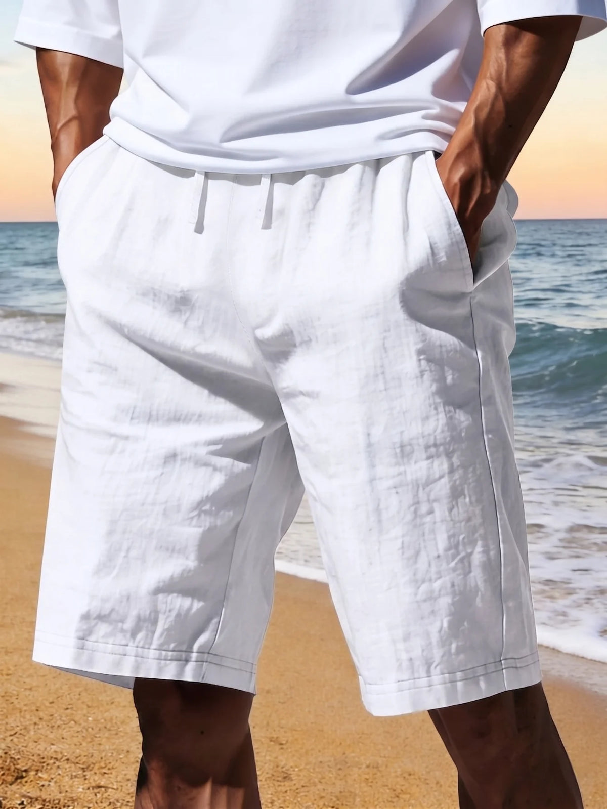 Men Quick Dry Linen Beach Shorts With Drawstring Waist Pockets
